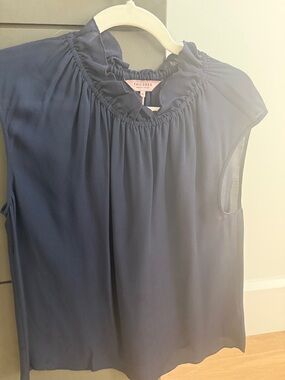 Rebecca Taylor Navy Sleeveless Ruffle-Neck Blouse